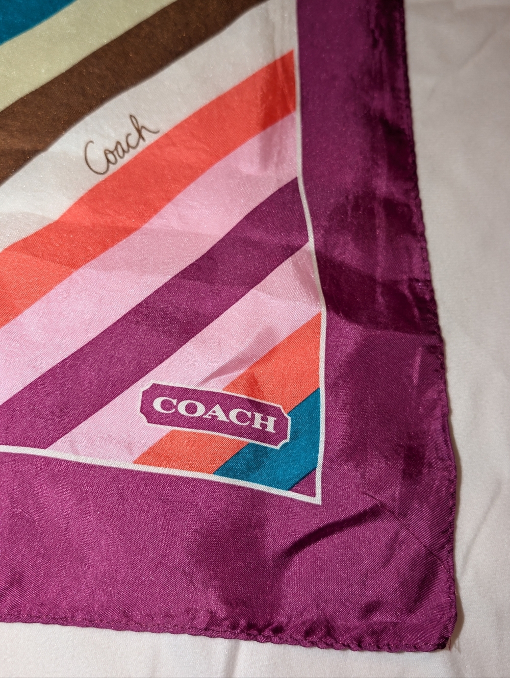 Coach Scarf Multicolor Diagonal Stripe Silk with Magenta Border 21" X 21" GUC - Picture 6 of 11